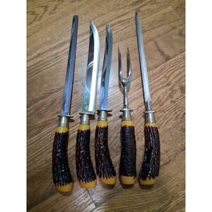 Flint Stainless Vanadium USA Carving Knife 5 Piece Set Simulated Antlers. VTG